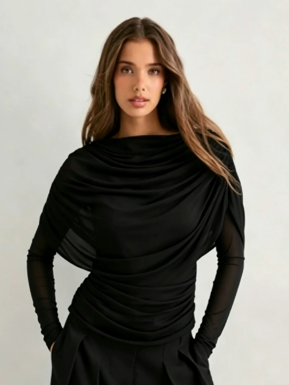 Zara Irregular Draped Neckline Black Mesh Long Sleeve Top Pleated Waist Tummy